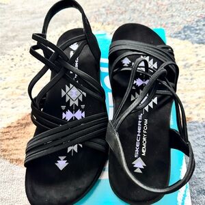 Skechers Black Strappy Memory Foam Sandals with Aztec Insole Detail